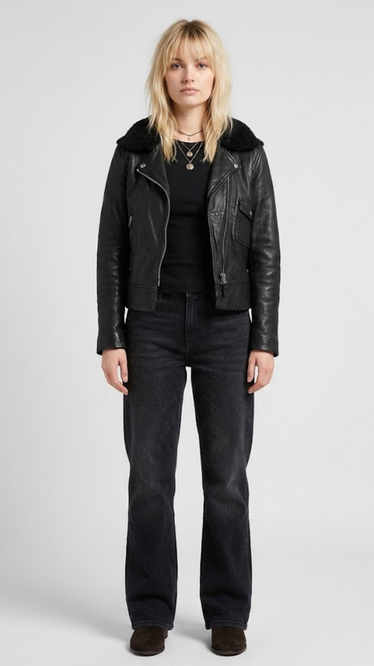 Premium edition front view of the Jackero premium black leather biker jacket, featuring heavy-duty polished zippers and luxury wide lapels.