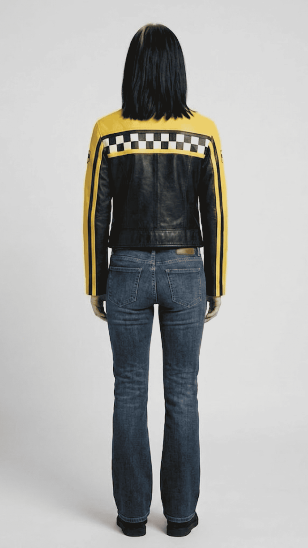 Rear view of the cafe racer leather jacket showing the tailored athletic fit and clean horizontal back seam detailing.