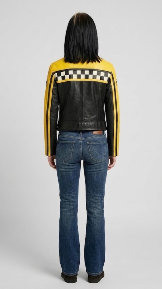 Rear view of the cafe racer leather jacket showing the tailored athletic fit and clean horizontal back seam detailing.