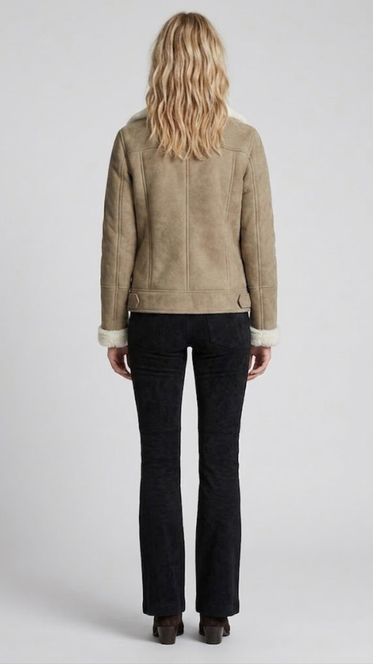 Regular fit beige suede shearling jacket layered over a casual knitted sweater for a modern urban aesthetic.