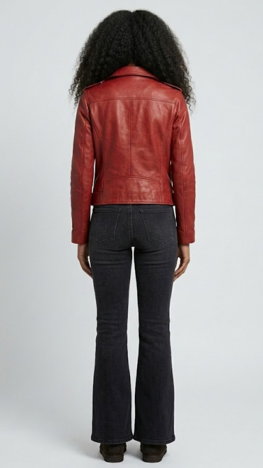 Straight-on back view of a structured red leather motorcycle jacket showcasing its tailored paneling and sharp shoulder line.