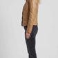 Women's tan leather jacket with stand collar and asymmetric zip, casual outfit styling