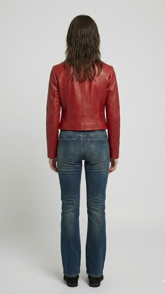 Straight-on back view of a sleek red leather motorcycle jacket highlighting its tailored paneling and fitted minimalist structure.
