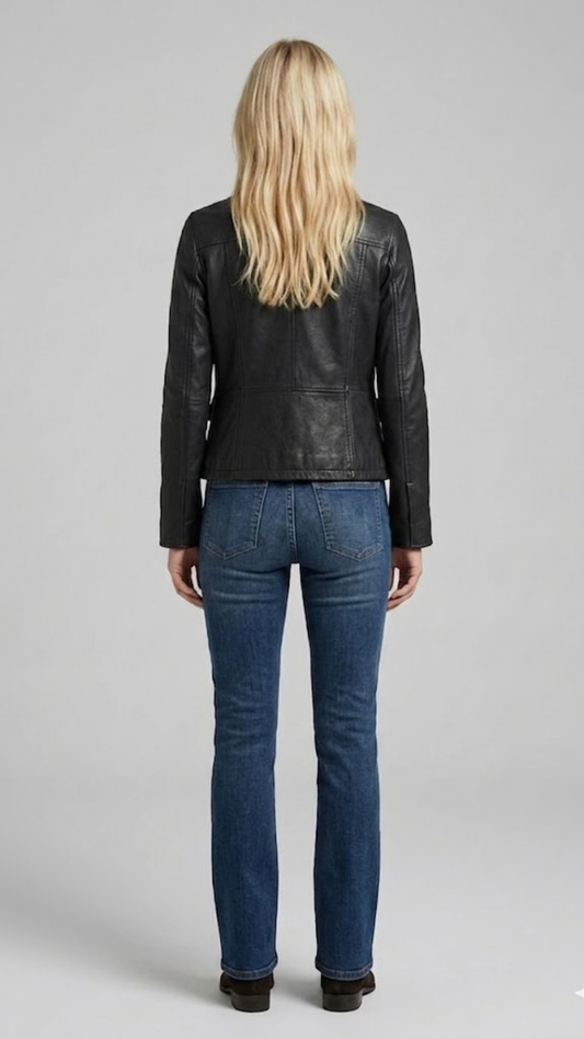 western back yoke panel and tailored seams of the onyx leather coat.