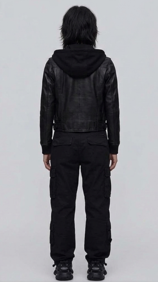 Symmetrical rear view studio shot highlighting the clean leather paneling and relaxed-fit hood drape of the black bomber coat.