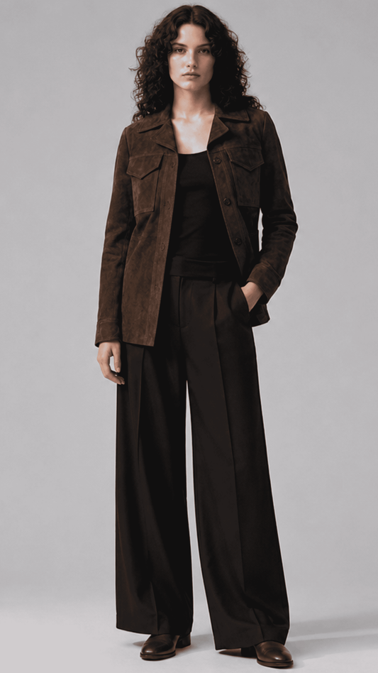 JACKERO Women's dark brown genuine suede shirt jacket featuring dual buttoned chest pockets.