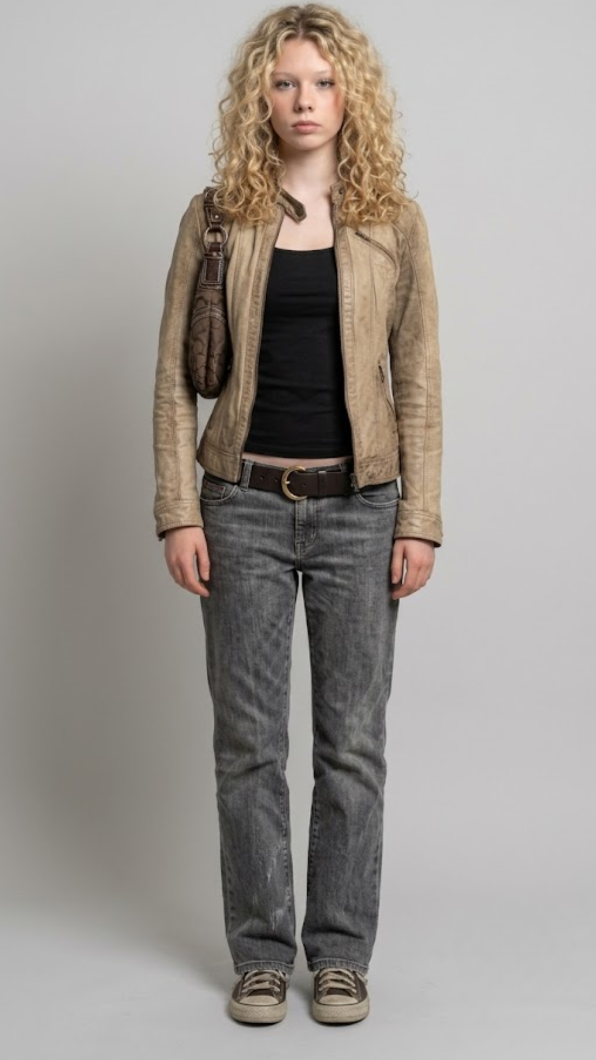 A model with curly blonde hair stands against a light gray studio background wearing a beige leather jacket, a black top, gray jeans, and brown shoes, with a brown shoulder bag.