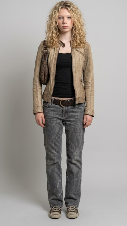 A model with curly blonde hair stands against a light gray studio background wearing a beige leather jacket, a black top, gray jeans, and brown shoes, with a brown shoulder bag.