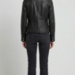 Straight-on back view of a structured premium black leather trucker jacket showcasing its pristine panel alignment and tailored fit.