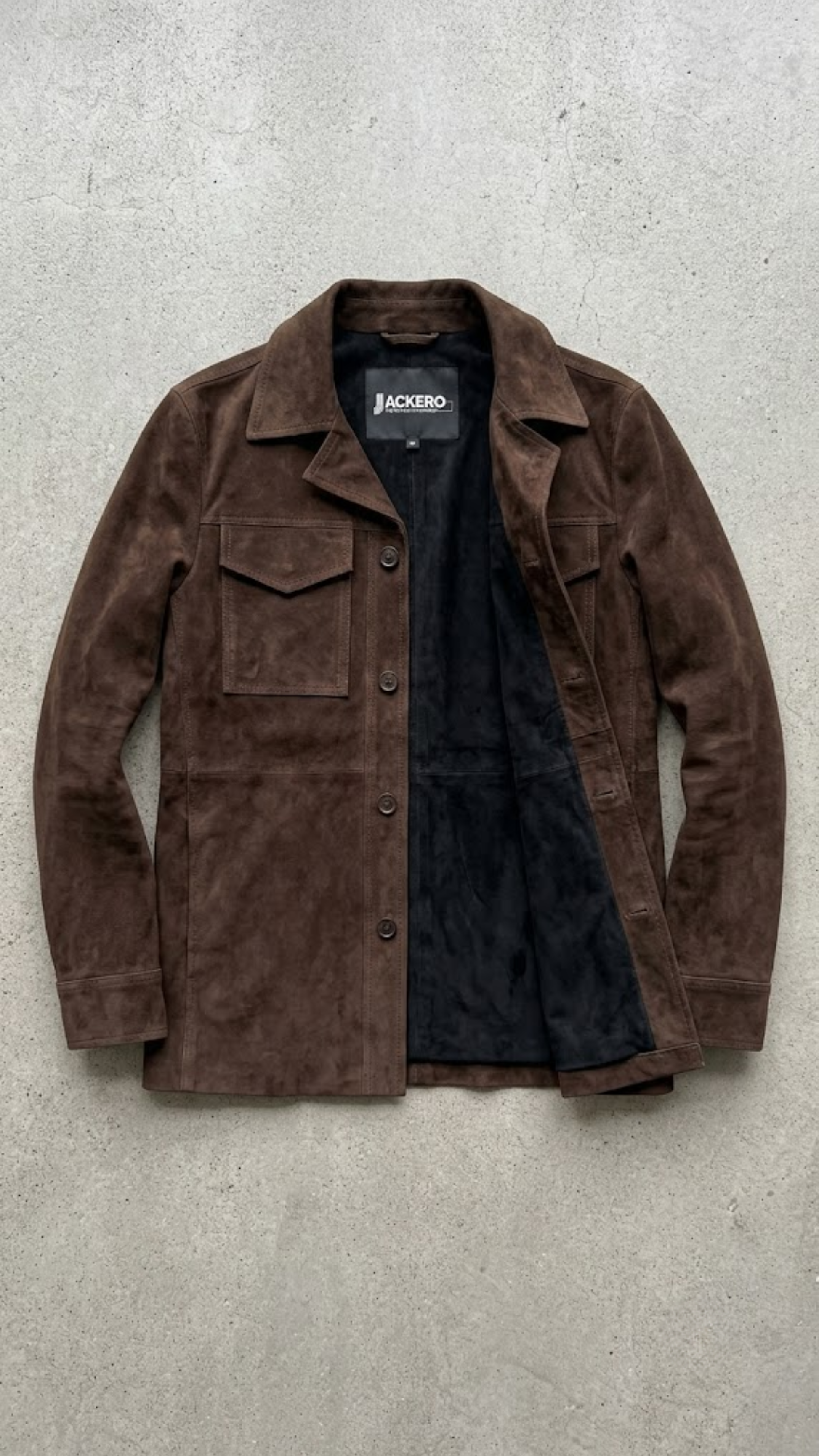 Jackero contemporary dark brown suede transitional shirt jacket beautifully presented against a clean, minimalist studio backdrop.