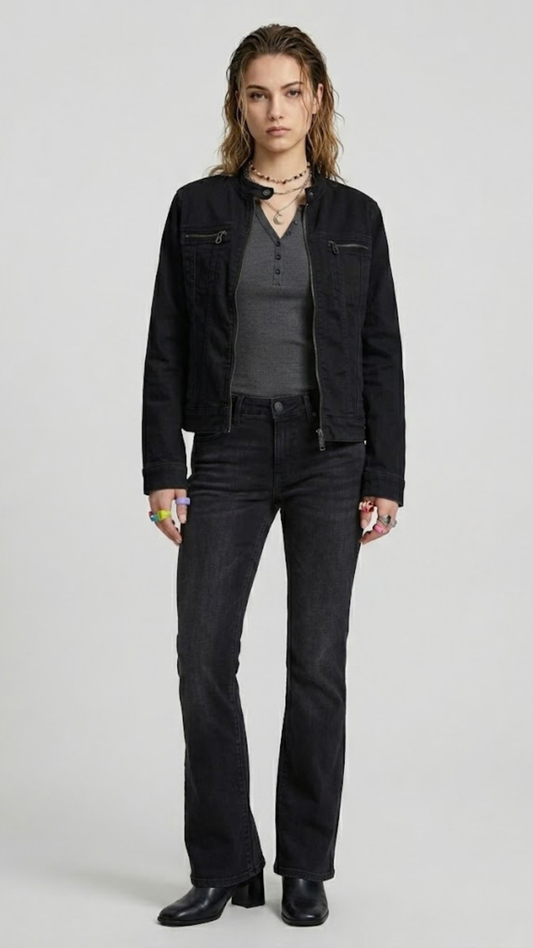 Women's premium black denim jacket with front button closure and dual chest pockets