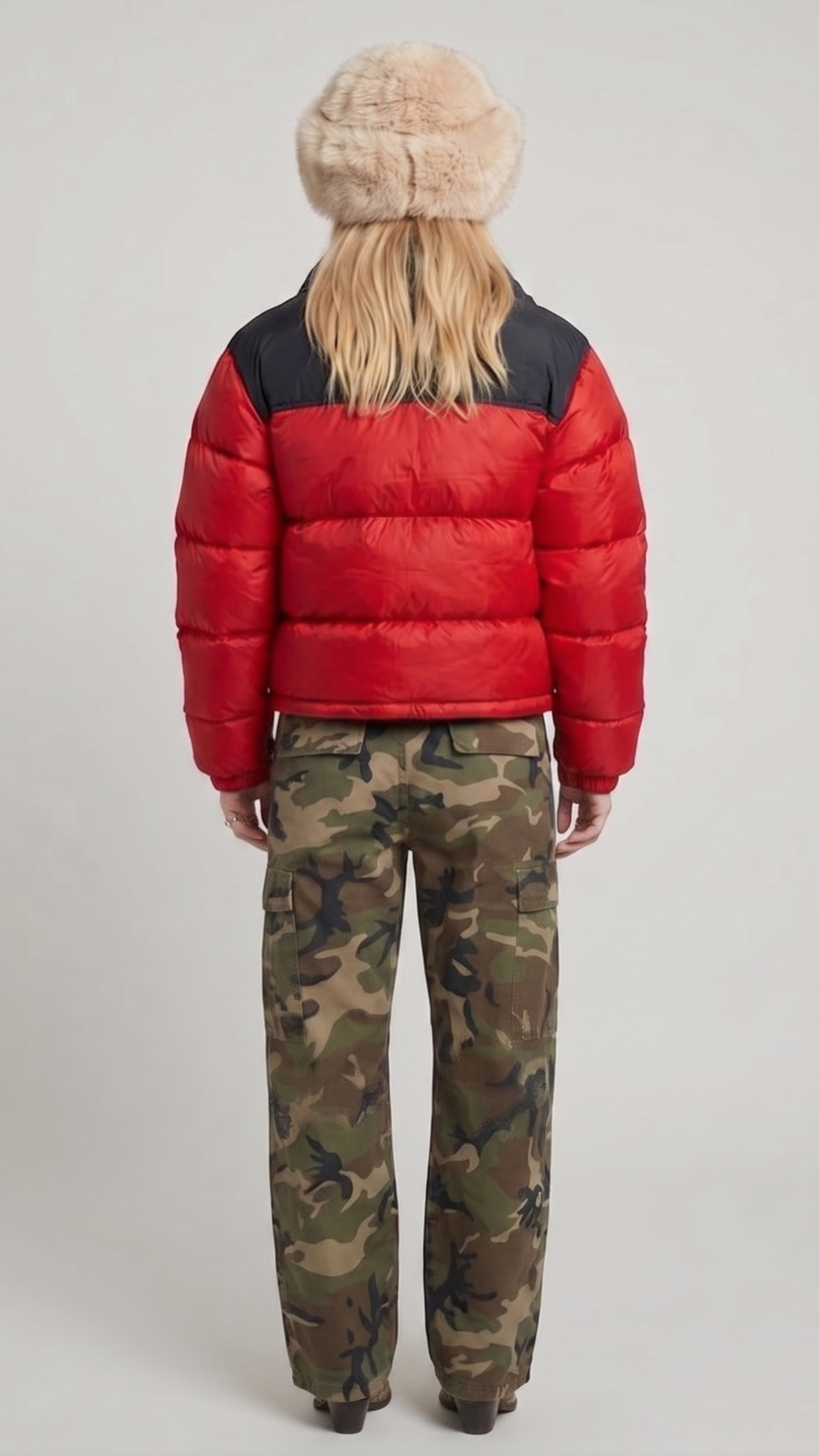 Clean rear view lookbook shot highlighting the bold black shoulder yoke and horizontal red quilted segments of the heavy winter puffer coat.