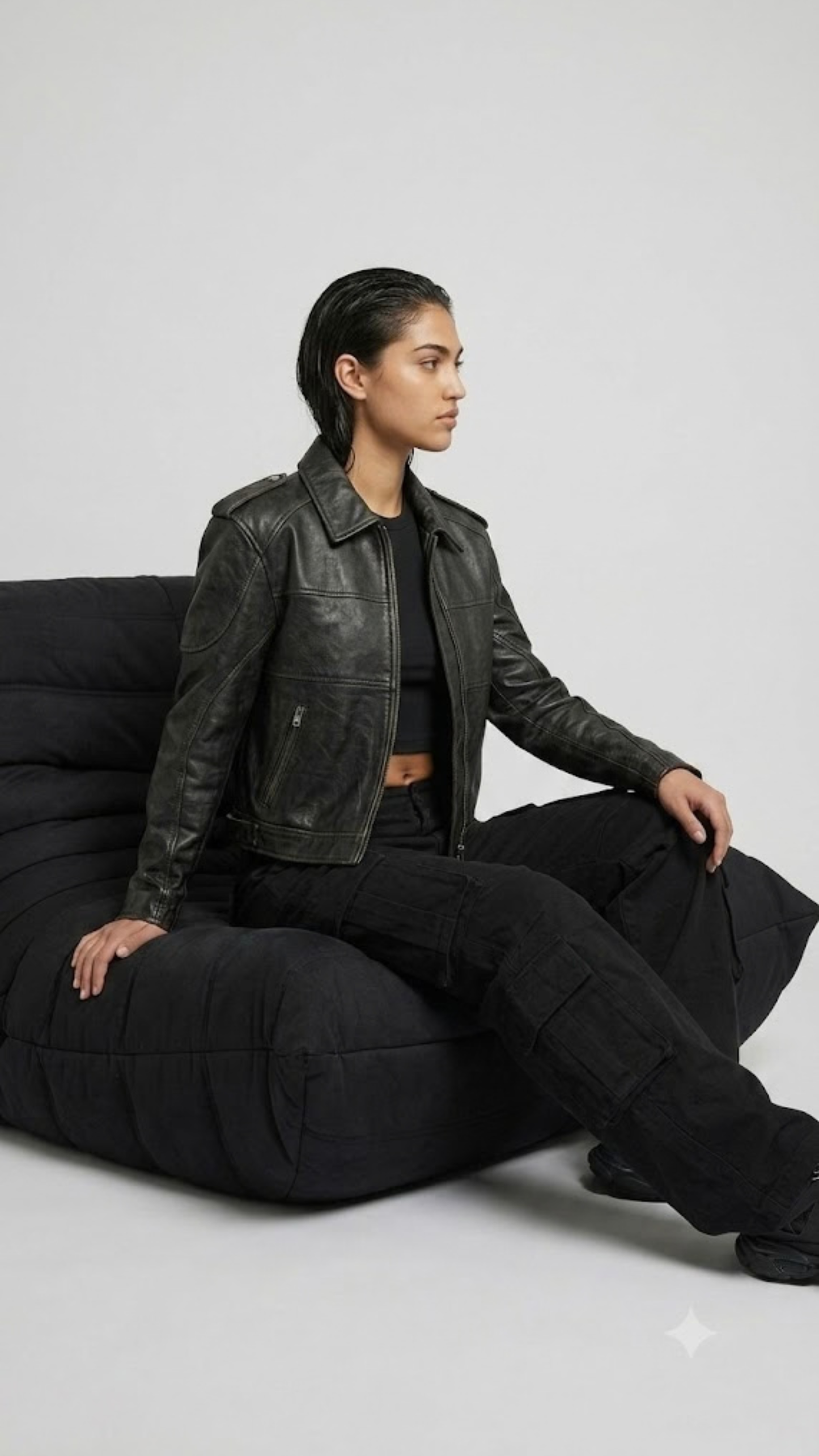 Edgy urban streetwear styling featuring a retro washed black leather motorcycle jacket with clean minimalist detailing.