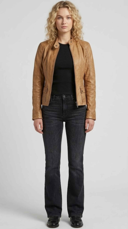 women's tan leather jackero jacket, lambskin moto jacket, luxury camel leather coat.
