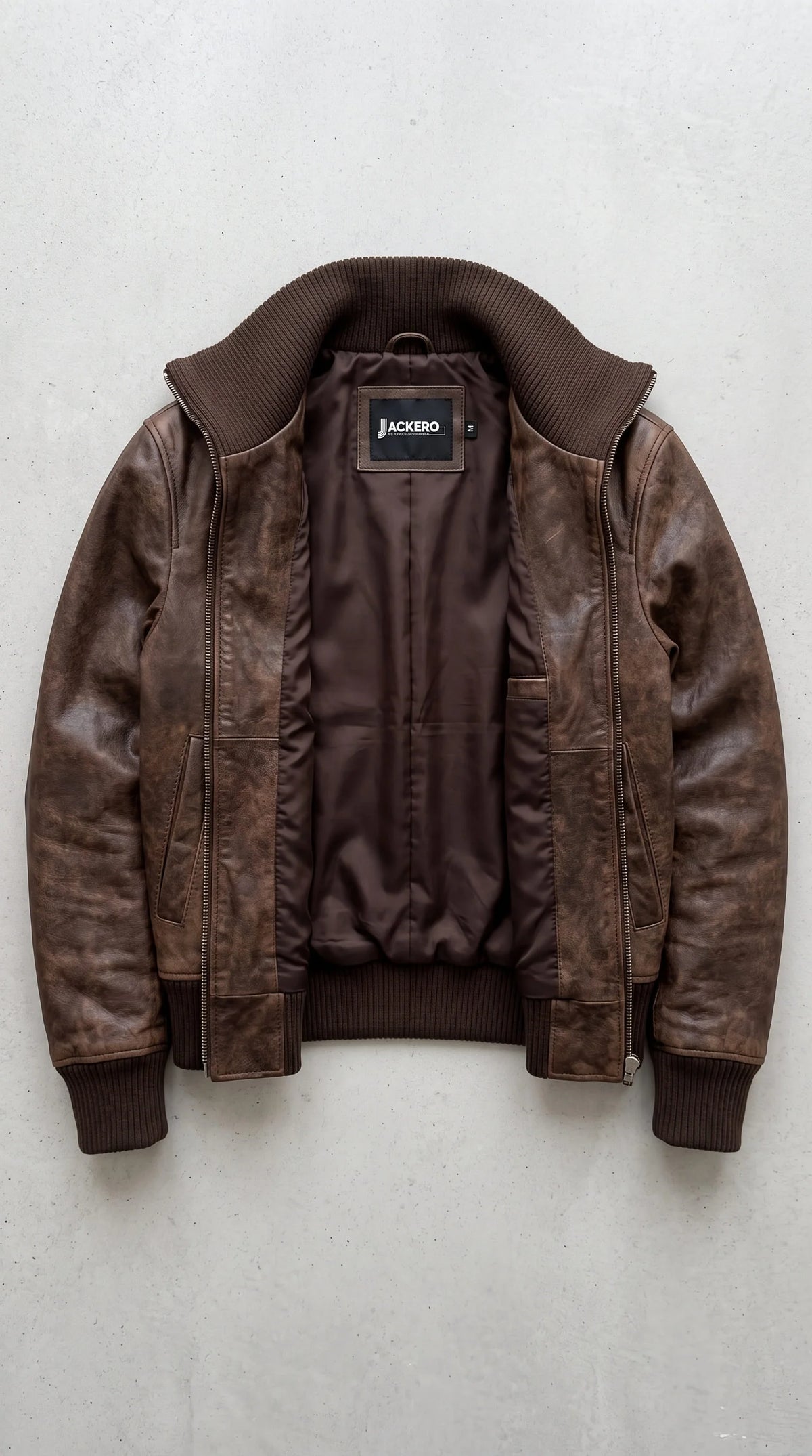 Women's vintage distressed leather jacket for autumn winter streetwear, open zip showing white ribbed tank underneath