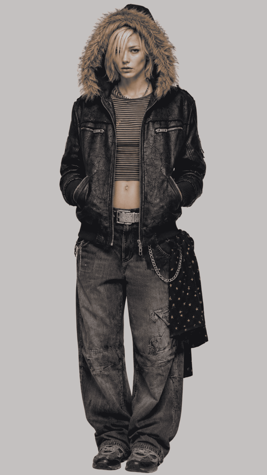 JACKERO dark black oversized leather Y2K jacket showcasing a thick, contrasting plush brown fur collar and front zipper.